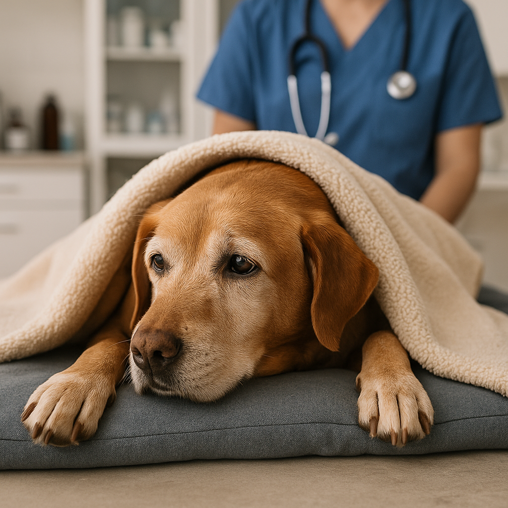 Perro senior descansando con manta en clínica veterinaria de Madrid.